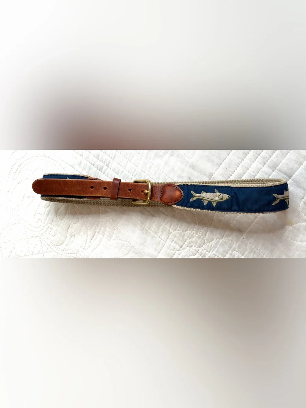 LEATHER MAN LTD Leather & Canvas Belt 26” Bonefish On Navy Handmade In  ESSEX CT